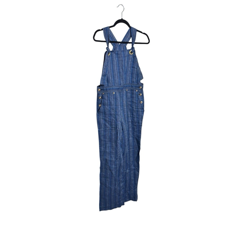 Tory Burch Jumpsuit 4 Womens‎ Linen Blue Striped Overalls Straight Leg